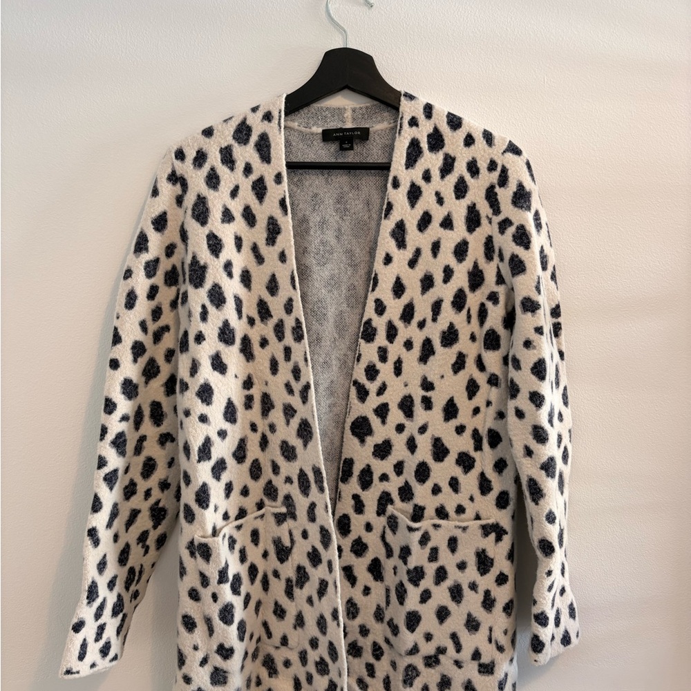 Ann Taylor Cream and Blue Animal Print Cardigan